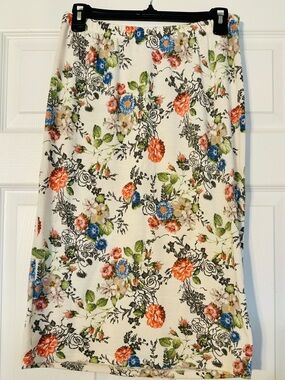 Acting Pro Cream Floral Midi Skirt with Blue, Orange & Green Blooms